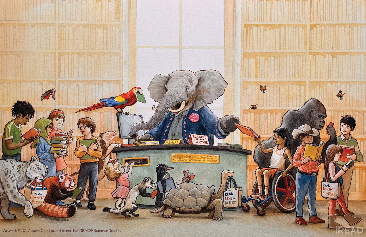 Illustration of animals and children in a library, reading and checking out books and using reusable tote bags