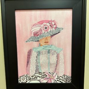 Painting of a lady with a flower hat and gloves