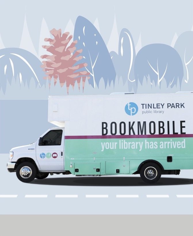 Bookmobile with winter illustration background