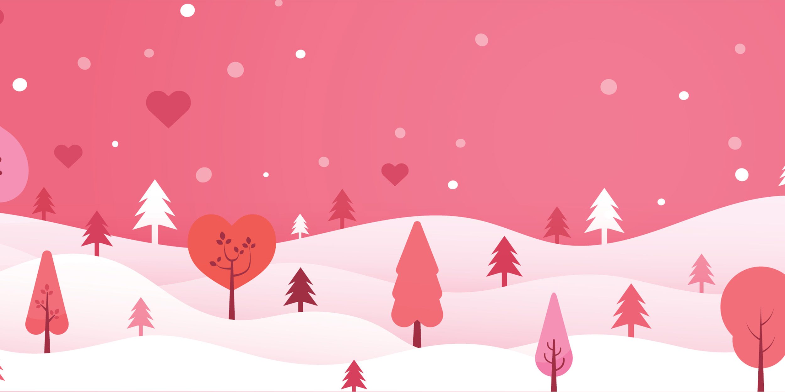 snowy forest full of trees and hearts to celebrate Library Lovers Month