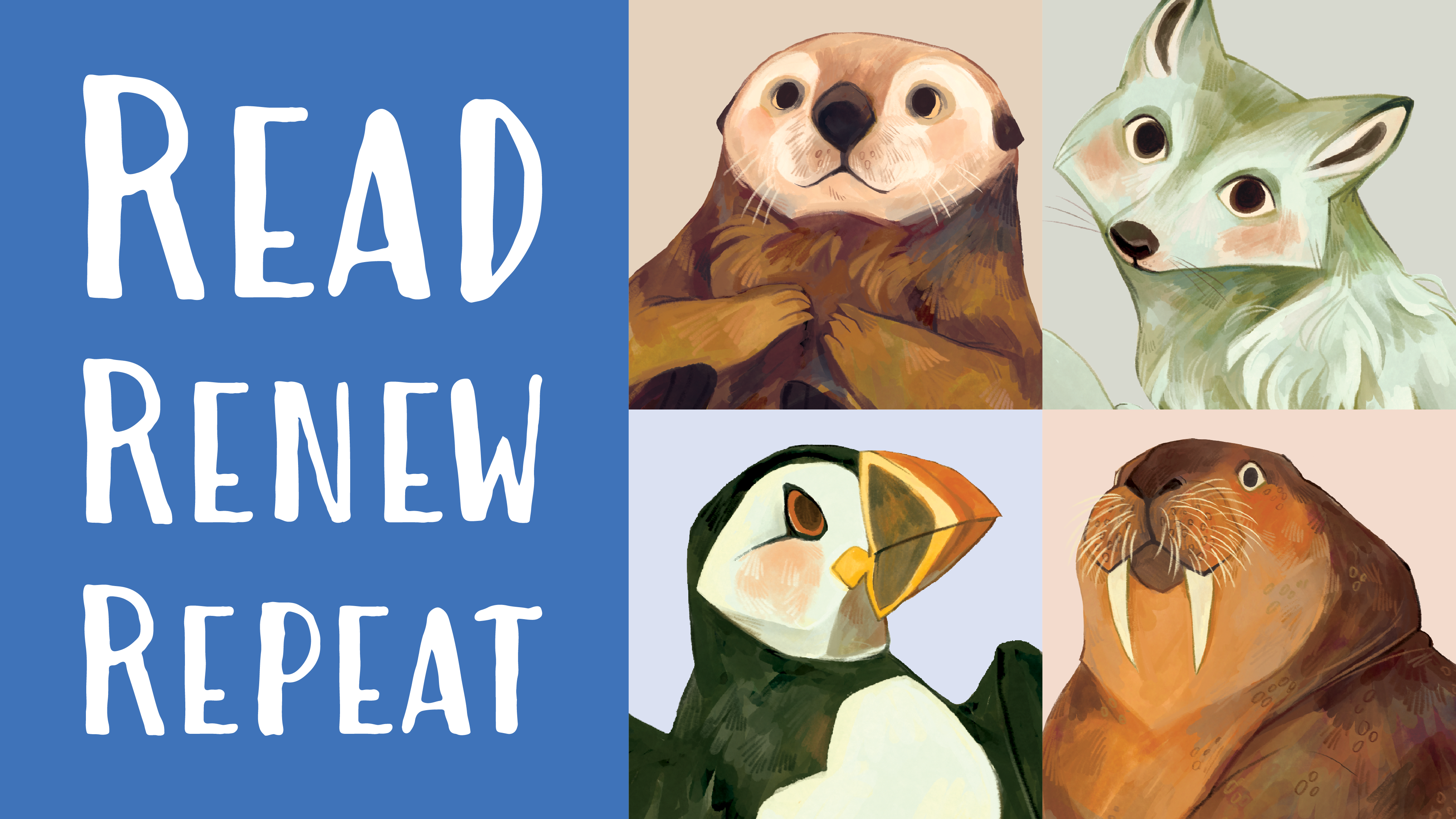 Four animals - an otter, an arctic fox, a puffin, and a walrus - next to the words 