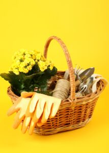 a wicker basket holding gardening gloves, a potted plant, a trowel, and other gardening supplies