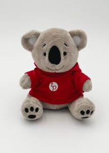 Little stuffed koala bear toy wearing a red hoodie with a white Tinley Park Public Library logo