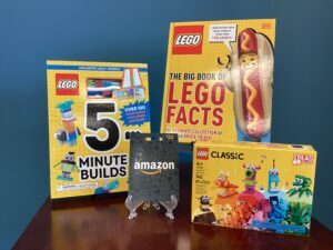 Prize bundle with LEGO 5 Minute Builds book, The Big Book of LEGO Facts, a $25 Amazon gift card, and a LEGO Classic Set