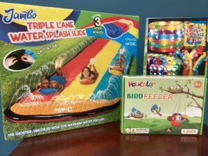 Prize bundle with Triple Lane Water Splash Slide, Light Up Pop Tubes, and a Birdfeeder craft