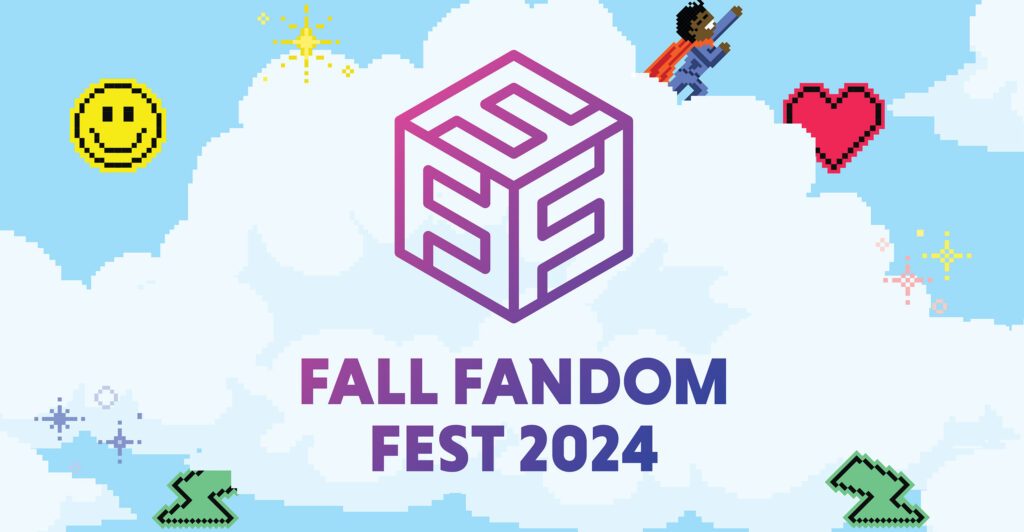 Fall Fandom Fest logo, with pixel clouds, happy face, heart, lighting and superhero symbols around it.