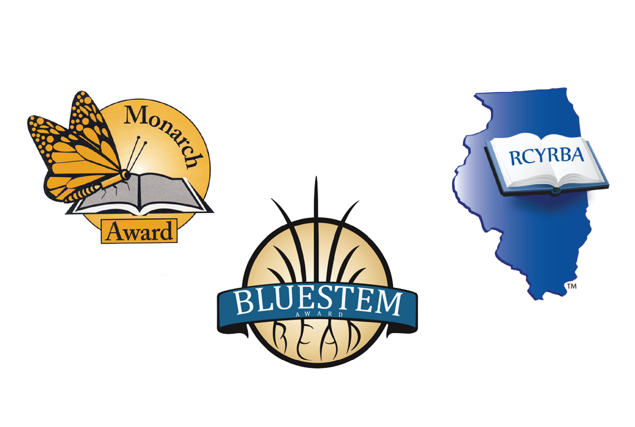 Three logos representing three of the Illinois State Awards: Monarch, Bluestem, and Caudill.