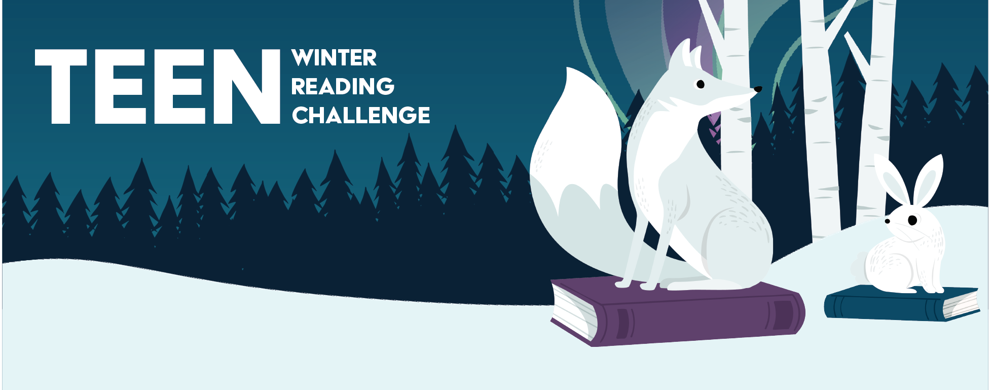 The words Teen Winter Reading Challenge next to cute illustration of a fox and rabbit in the snow