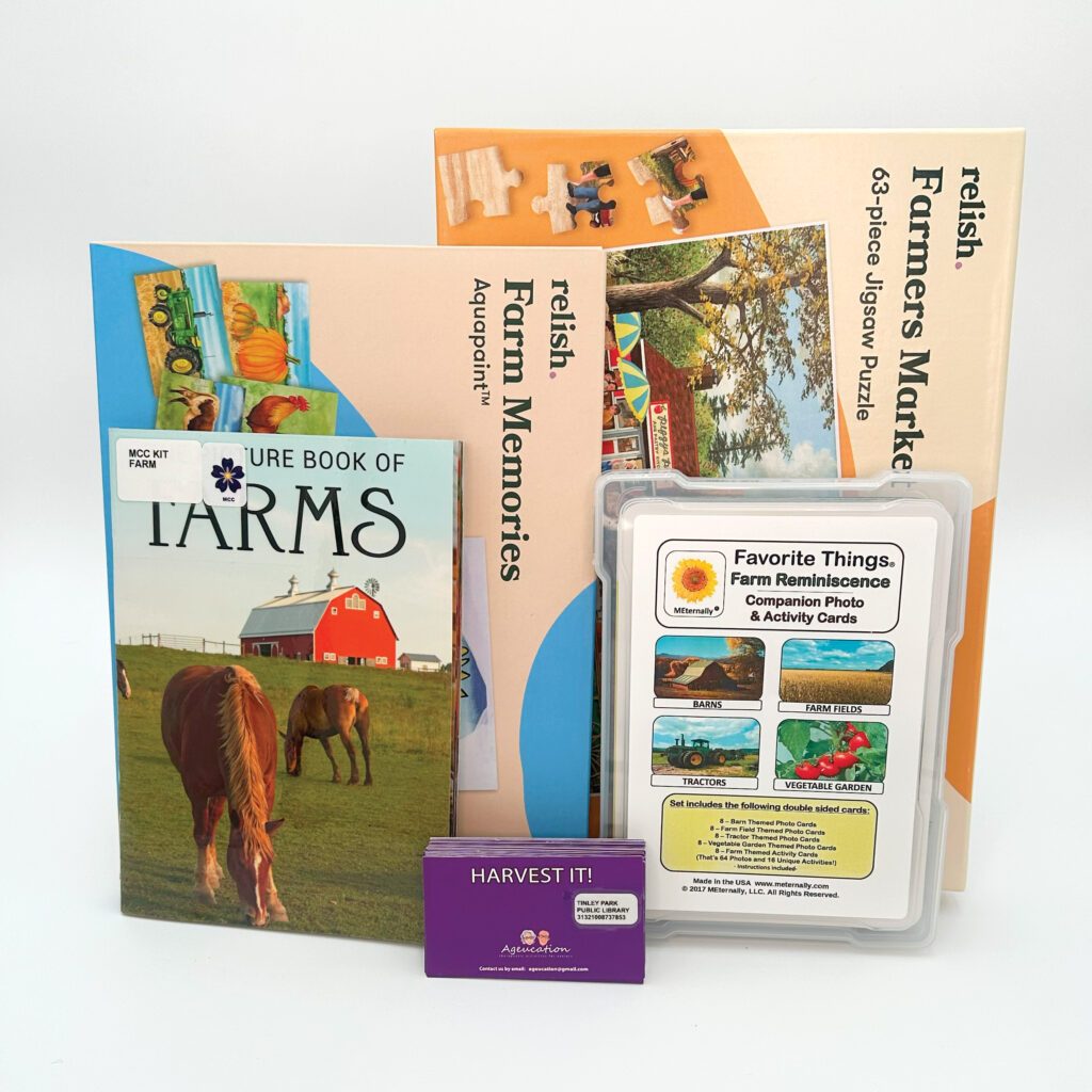 Contents of Farm Activity Kit, including a puzzle, book, and game